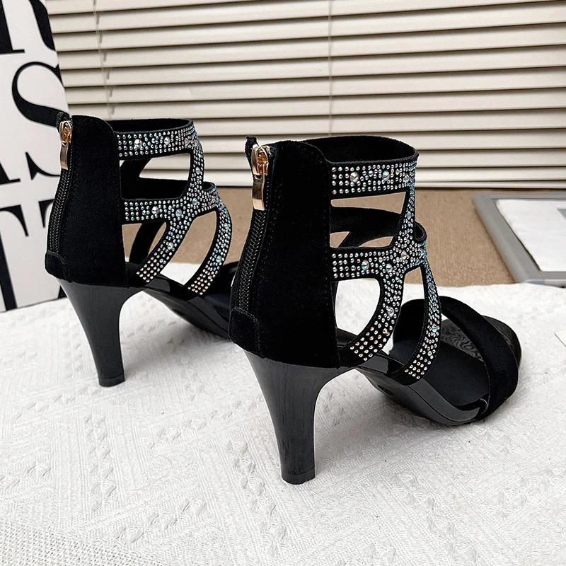 Women’s Aurora Rome Stiletto Heels – Zip Back Suede Open-Toe Sandals