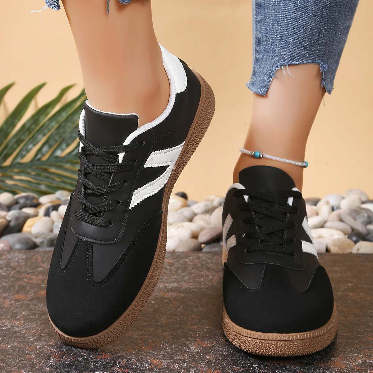 Women’s Everyday Court Color-Block Trainer Sneakers – Soft-Sole Flat Shoes