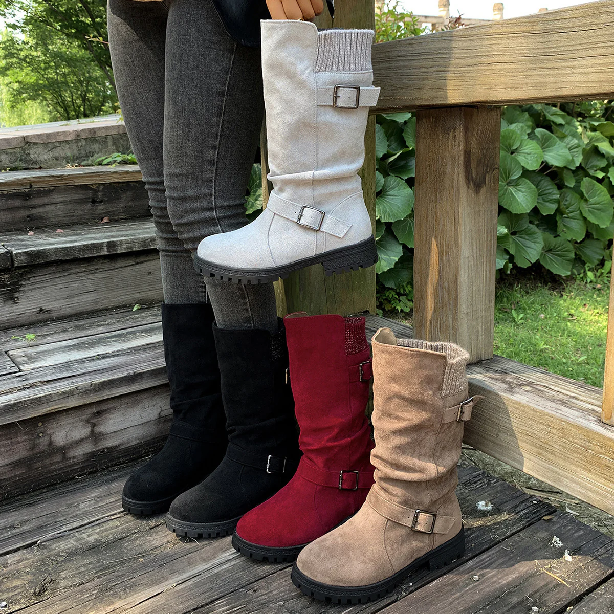 Women’s RanchWrap Buckle Mid-Calf Suede Boots – Knit Cuff Western-Style Slouchy Shoes