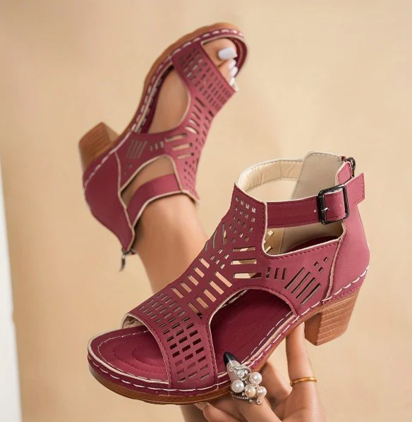 Women’s Cove Buckle Peep-Toe Heels – Cutout Chunky High Heel Sandals