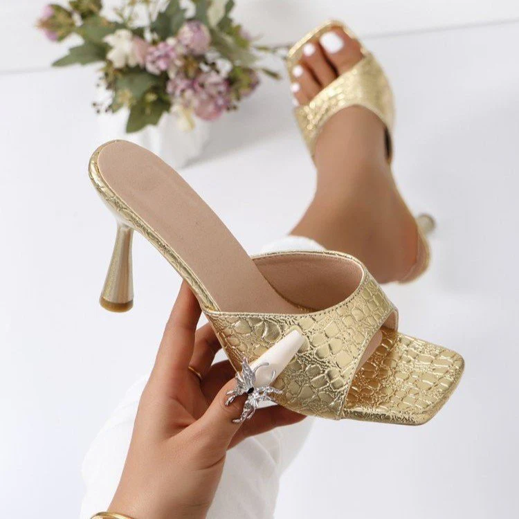 Women’s Pebble Peep-Toe Stiletto Slide Sandals – Pebble-Textured High Heel Fashion Mules