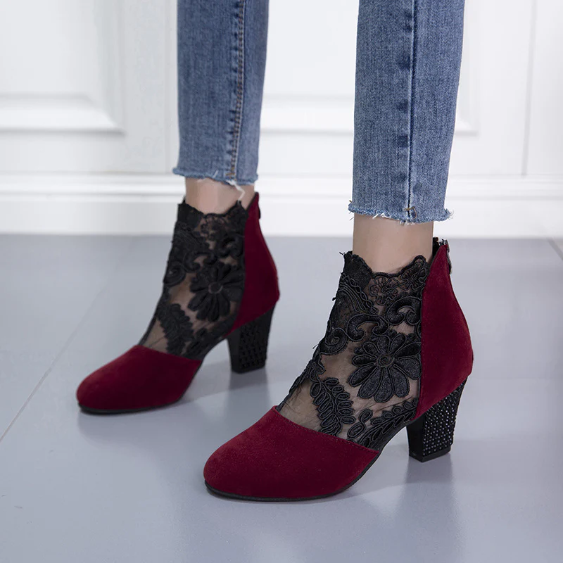 Women's Filigree Lace Heeled Sandal - Architectural Cutout Mesh Stilettos with Cushion & Extended Sizes