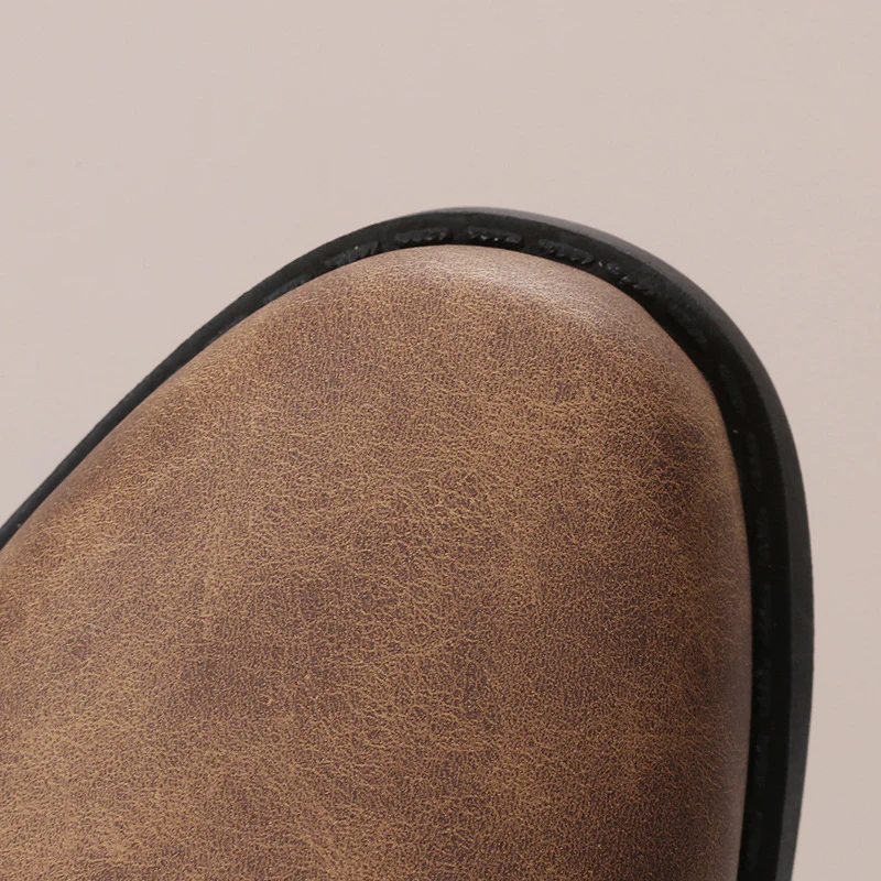 Women's Matte PU Buckle-Detailed Slouch Boots - Crushed Texture Stacked Mid-Calf Flat Boots